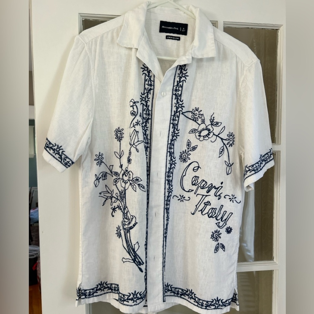 Abercrombie & Fitch Camp Collar Linen-Blend Capri Italy Embroidered Men's Shirt